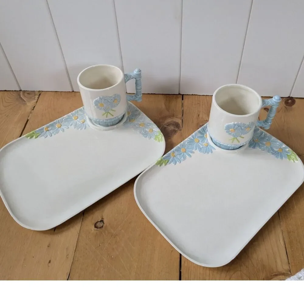 Pair of Vintage Blue Daisies Snack Trays w/ Matching Mugs - Stamped RS